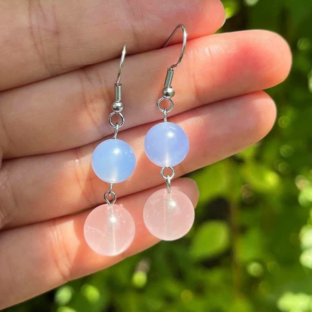 Stainless steel rose quartz blue chalcedony drop‎ earrings